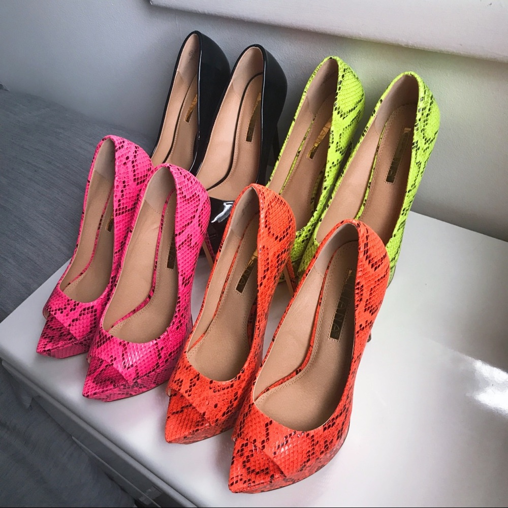🆕 NEON ORANGE SNAKE PRINT PEEP TOE PLATFORM PUMPS - Picture 5 of 8